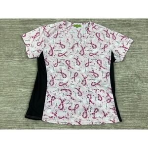 Green Town Scrub Top Womens Large Pink Vneck Shortsleeve Ribbon Medical